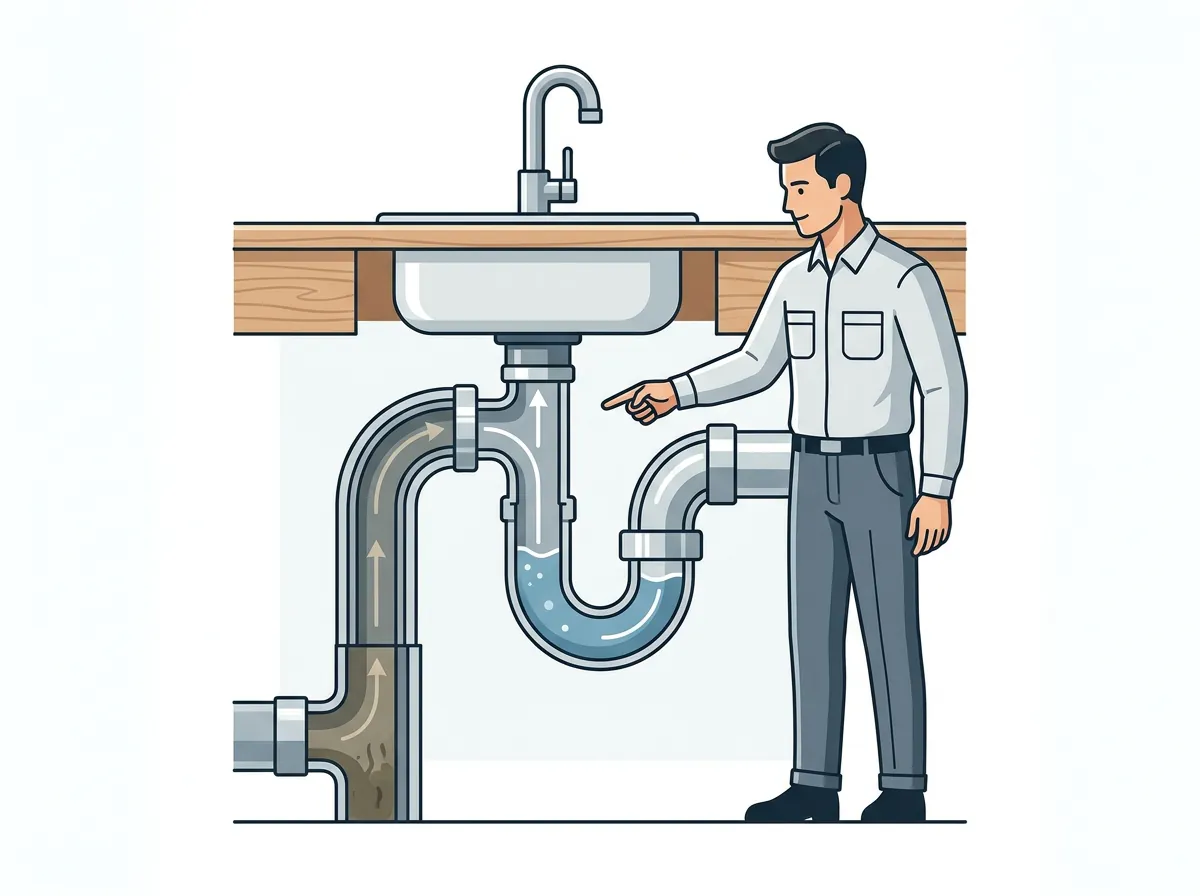 Esquema visual de un sifón en forma de U que retiene agua como sello hidráulico.