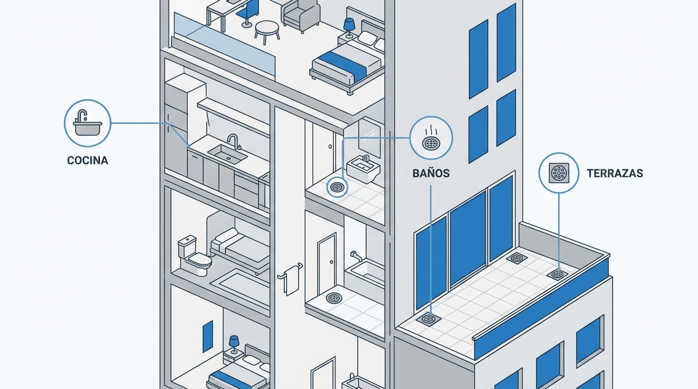 Esquema de los puntos críticos de mantenimiento en las redes de saneamiento de un hotel: cocinas, habitaciones y pluviales.